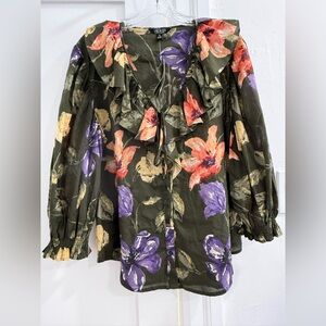 NWT Lauren Ralph Lauren dark green button down puff sleeve top w/ floral pattern